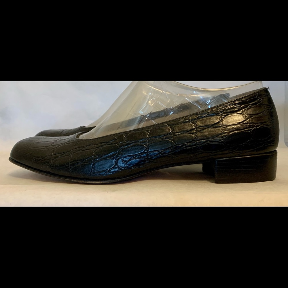 Salvatore Ferragamo Croc Embossed Leather Flat Slip-on Shoe Black sz 9B